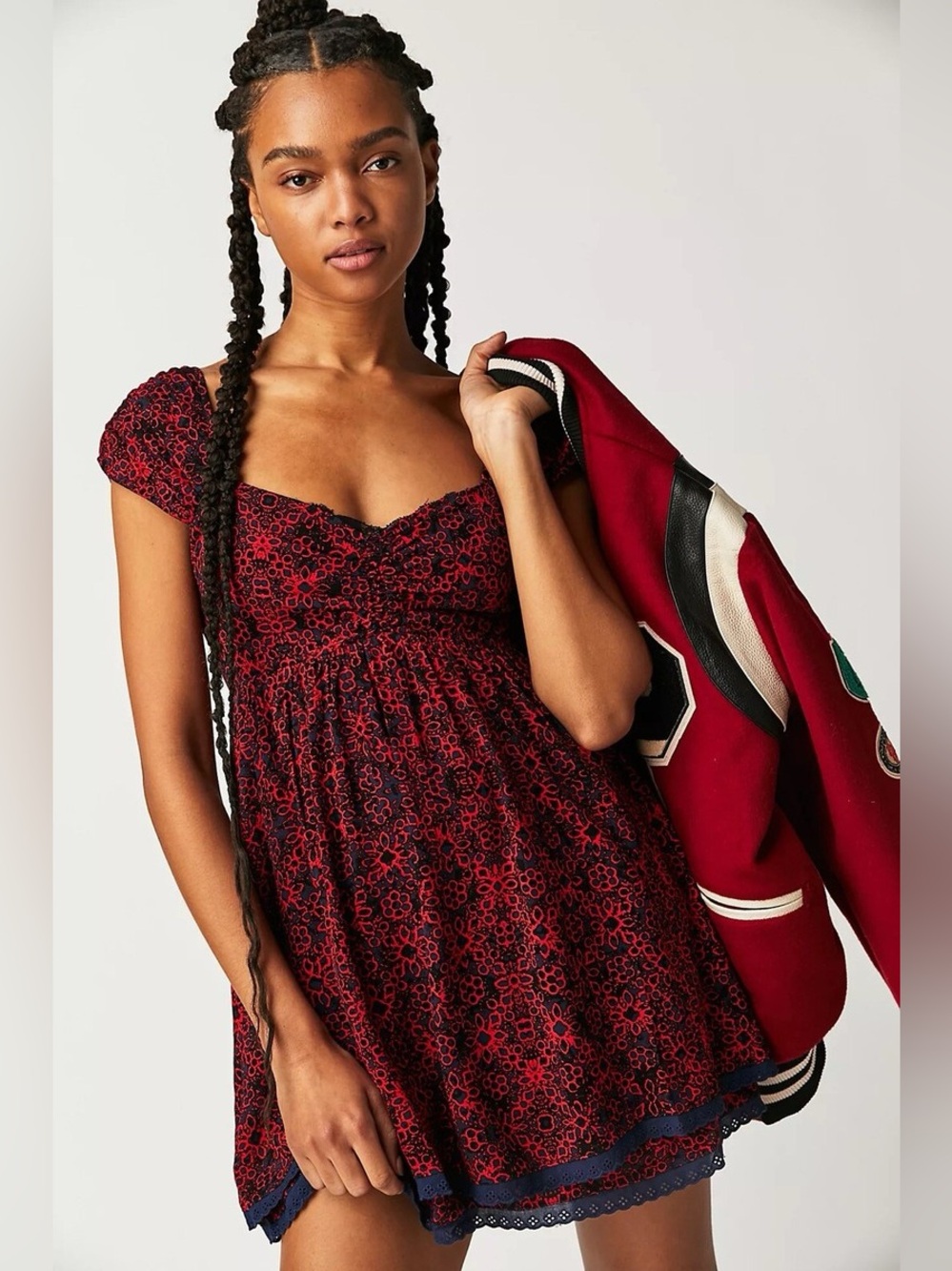 FREE PEOPLE Tabitha Smocked Mini Dress MEDIUM Red Navy Blue Floral